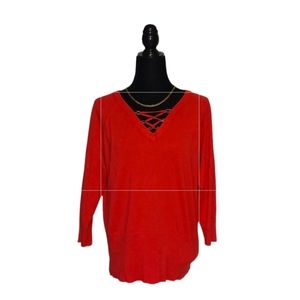CABLE & GAUGE criss cross neckline red elbow sleeve top size 21 inch pit